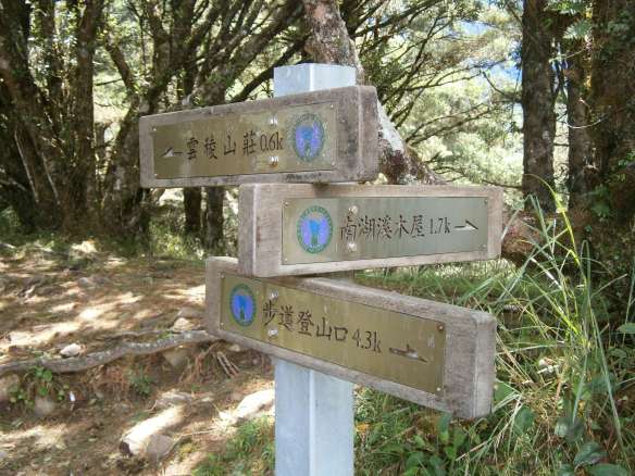 The junction, marking the trail split and 1.7km south to the Nanhu river cabin.