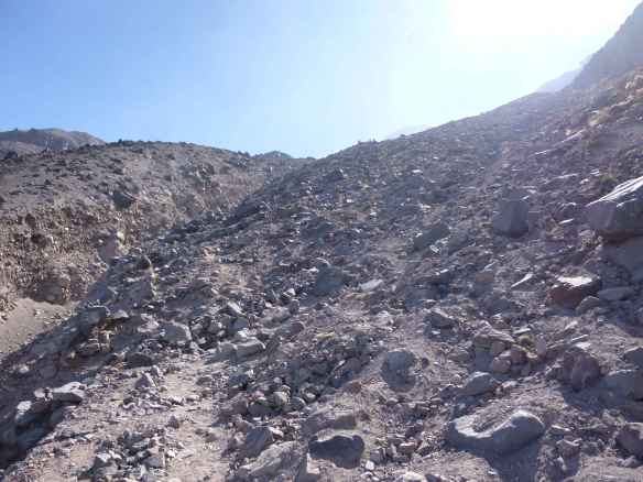 Heading up the lower mountain's scree.