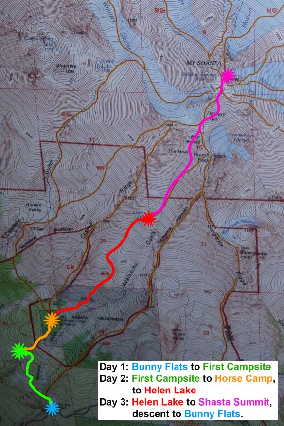 A map of our itinerary up Avalanche Gulch.