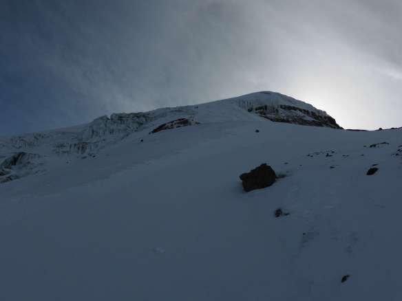 Looking back up the ridge towards the Veintimilla summit on descent.  Zoomed in, the other team can be seen descending near the middle of the ridge.
