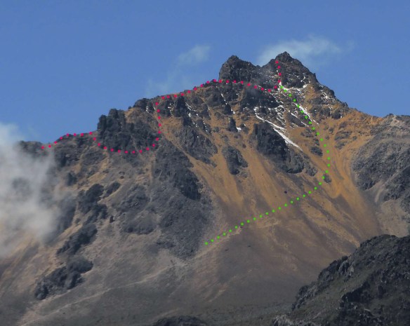 A rough diagram of the route near the top of Illiniza Norte - down and around the two false summits, descending via scree on the mountain's northern slopes.
