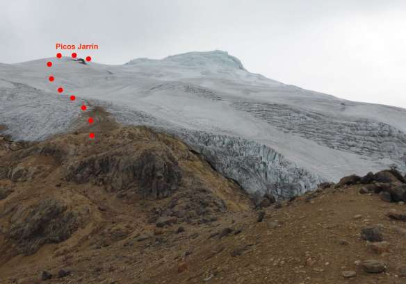 Our route past the rocky ridge, climbing to the left of Picos Jarrin to avoid crevasses.